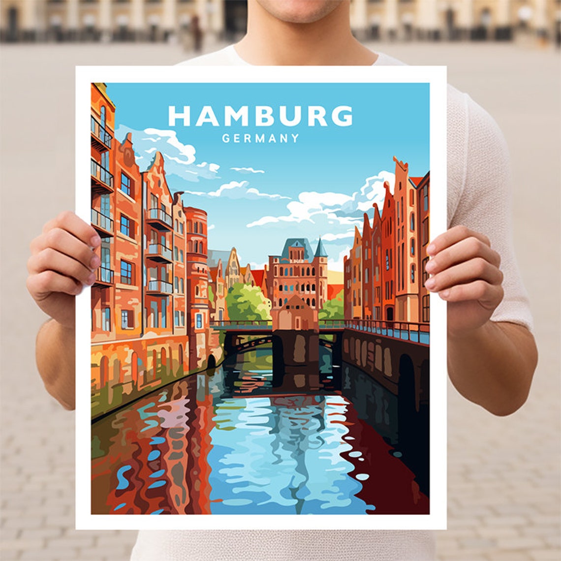 Hamburg Brick Warehouse Canal Speicherstadt Germany Travel Poster