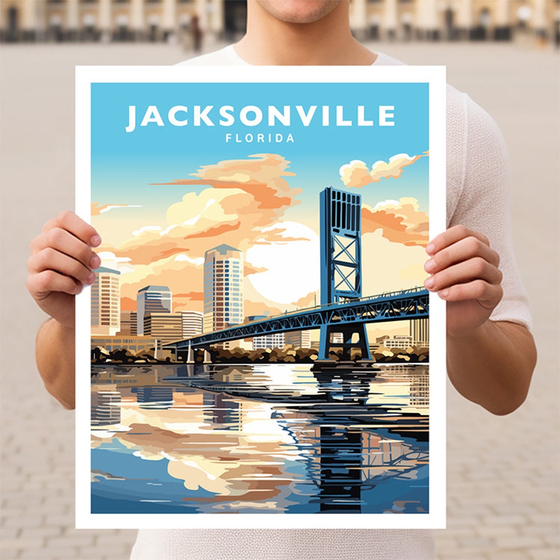 Jacksonville Florida River Bridge Sunset Skyline Travel Poster