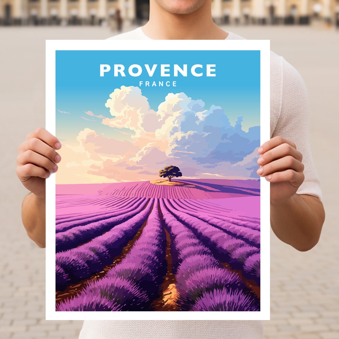 Provence France Blooming Lavender Fields at Sunset Travel Poster