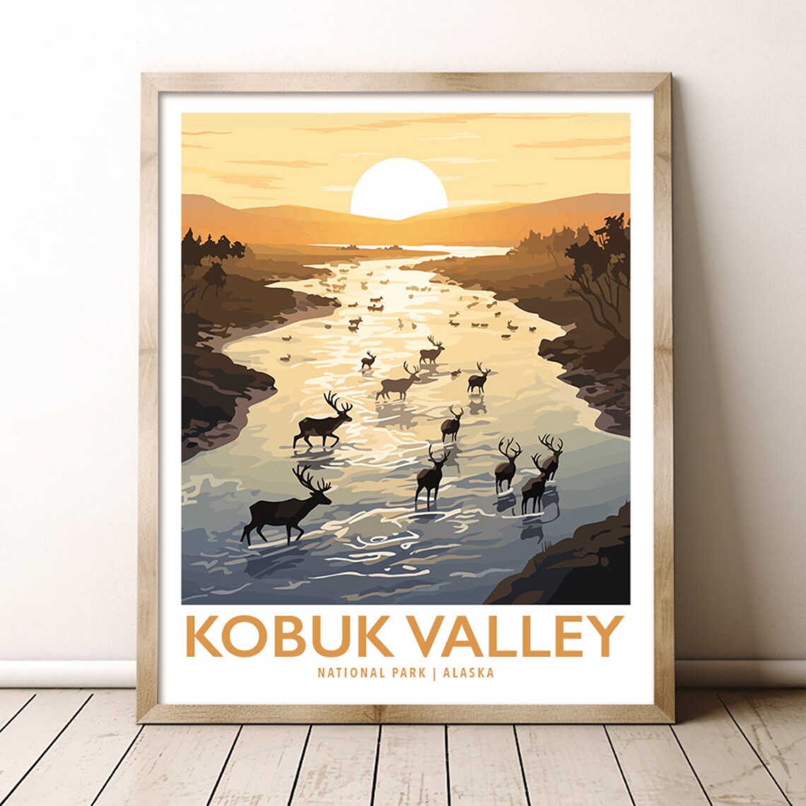 Kobuk Valley National Park Alaska Caribou River Sunset Travel Poster