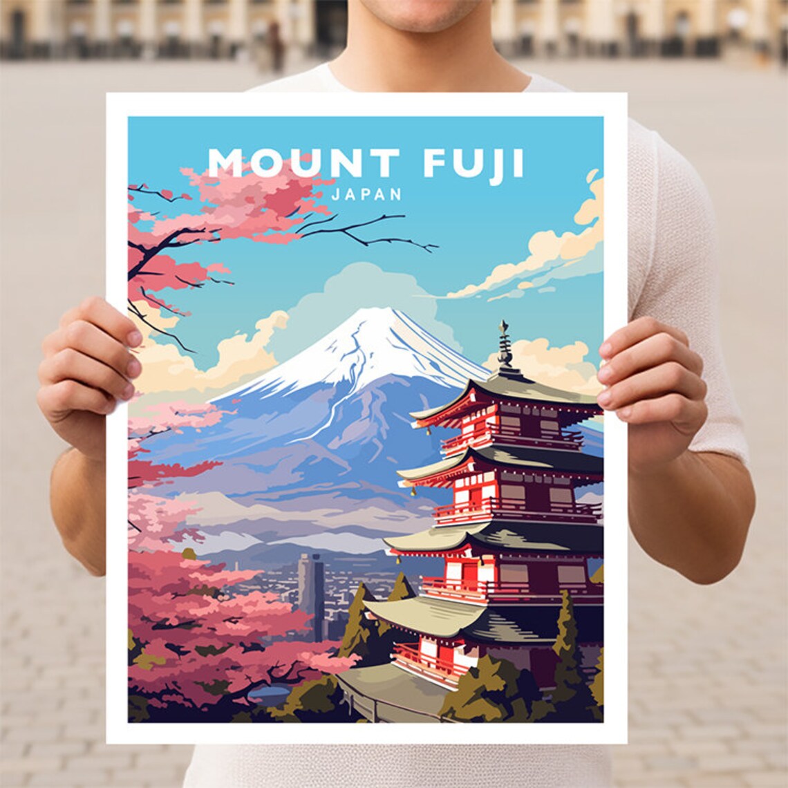 Mount Fuji Cherry Blossom Pagoda Japan Vintage Travel Poster