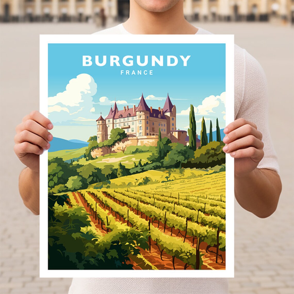 Burgundy France Chateau Vineyards Rolling Hills Travel Poster