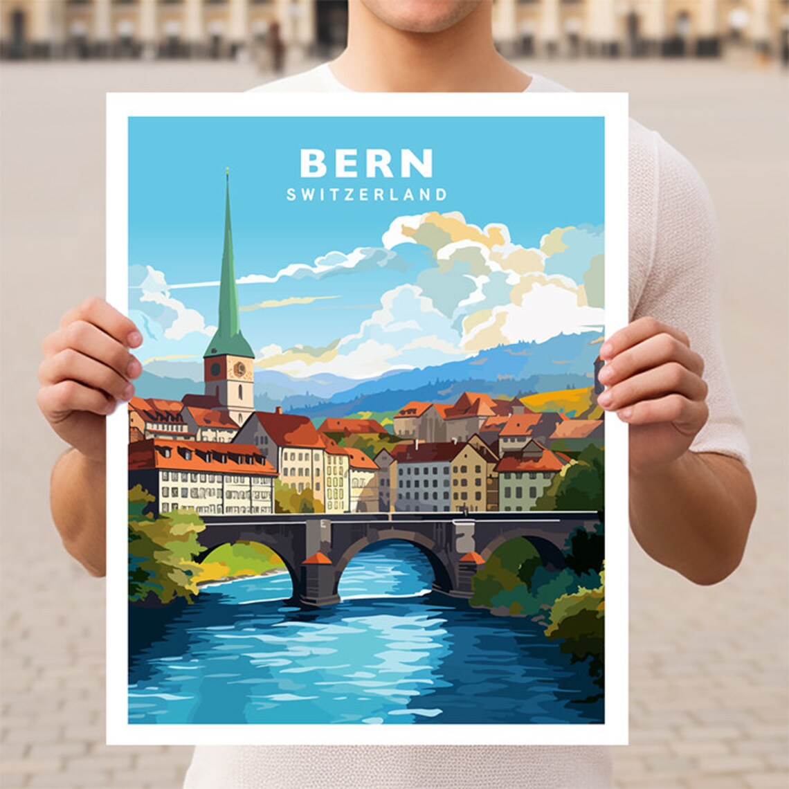 Bern Switzerland Capital Old Town Bridge River Sunset Travel Poster