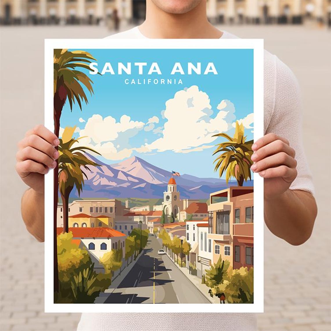 Santa Ana California Downtown Clock Tower Mountain View Travel Poster