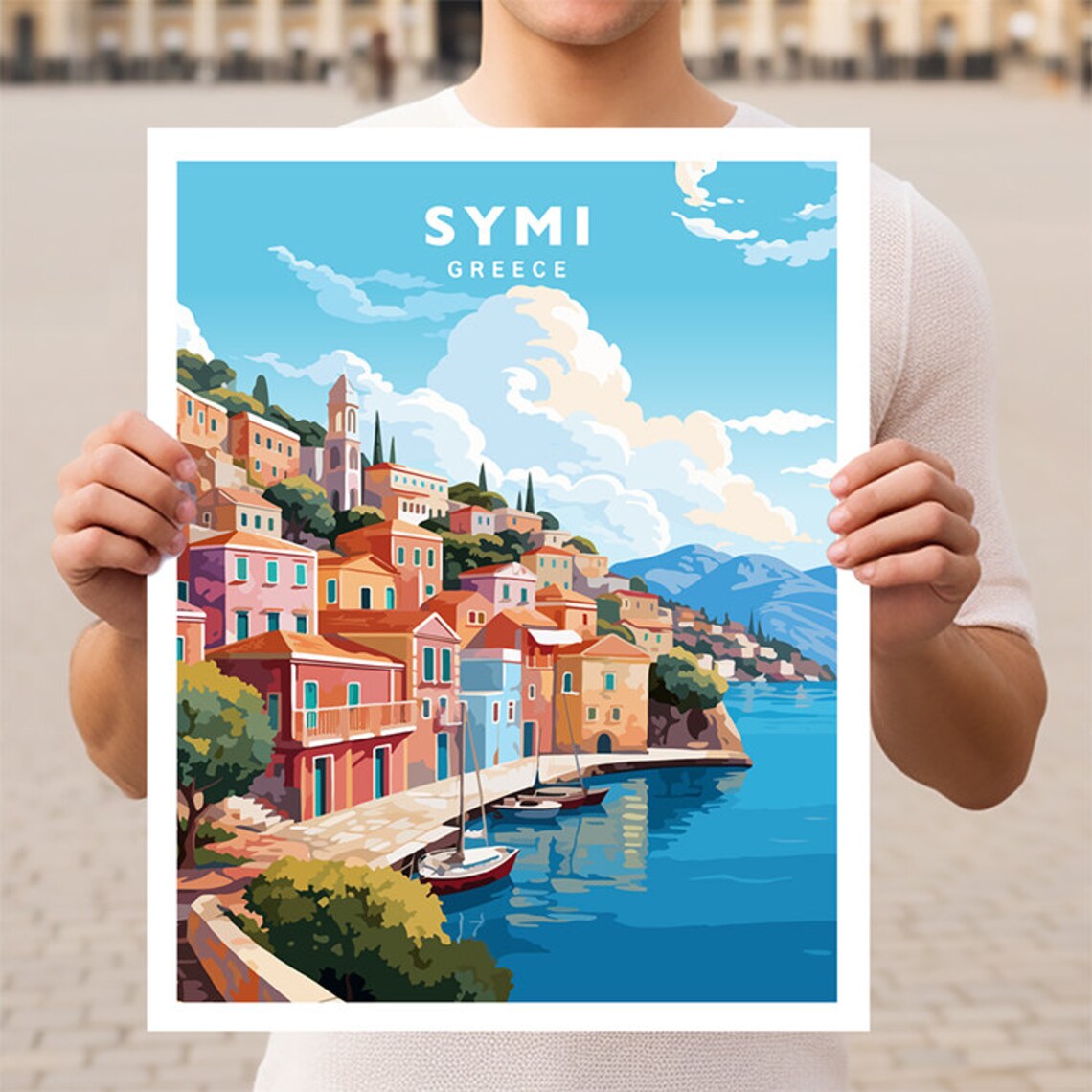 Symi Colorful Harbor Village Houses Seaside Greece Travel Poster