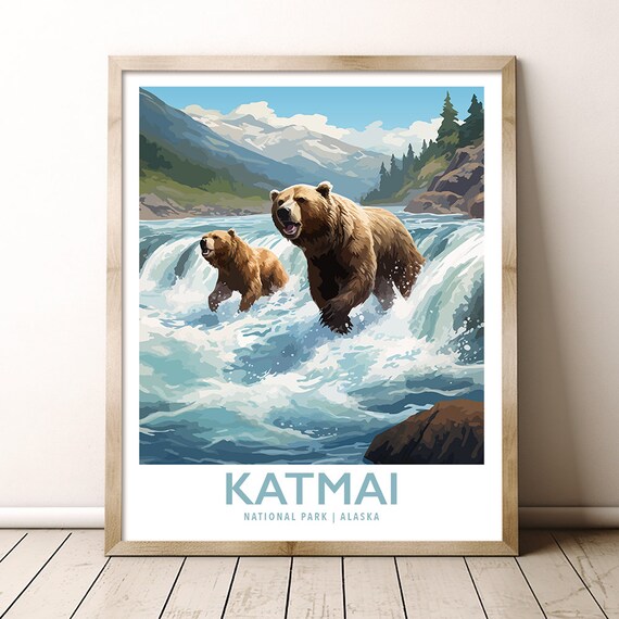 Katmai National Park Alaska Brown Bears Waterfall Fishing Travel Poster