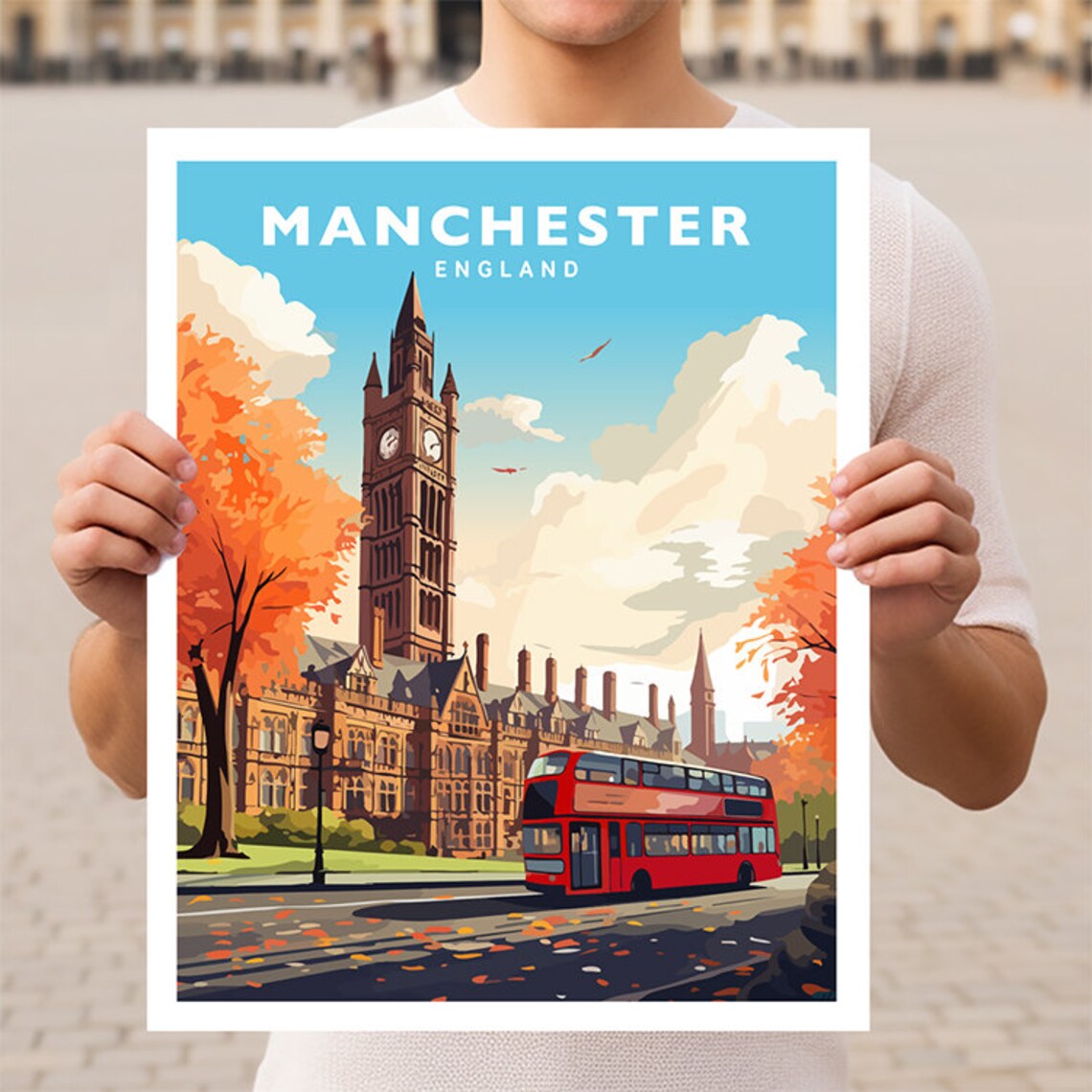 Manchester England Historic Town Hall Red Bus Autumn Travel Poster