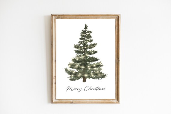 Merry Christmas Watercolor Tree String Lights Festive Holiday Print