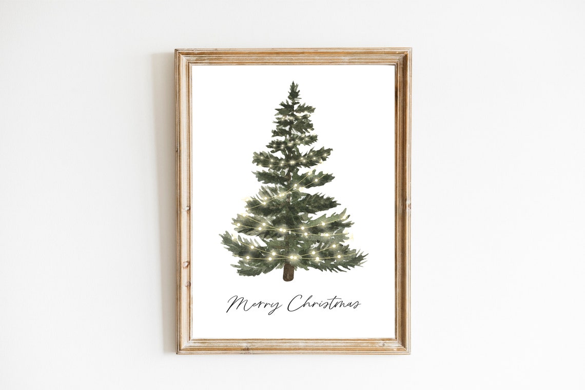 Merry Christmas Watercolor Tree String Lights Festive Holiday Print