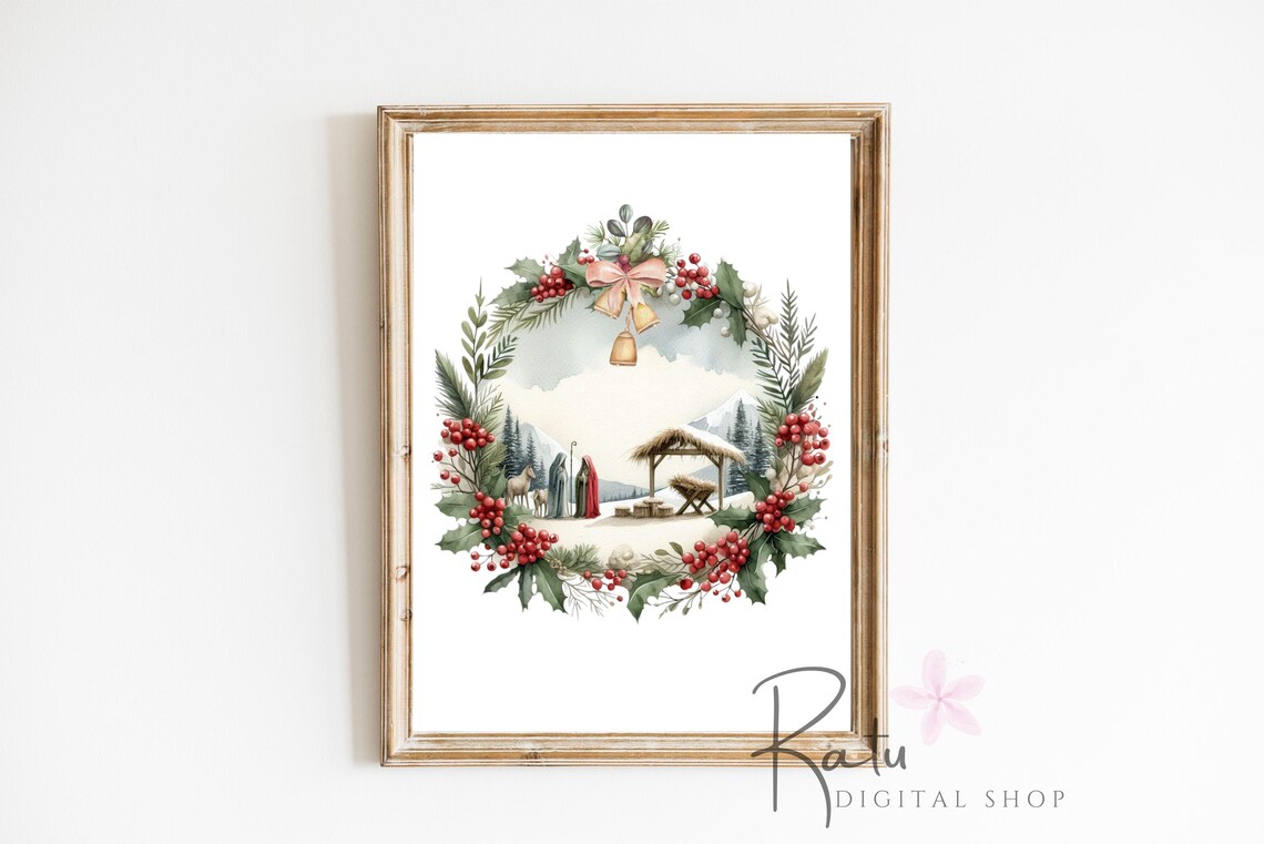 Minimalist Christmas Nativity Watercolor Wreath Holly Bells Art Poster - Image 2