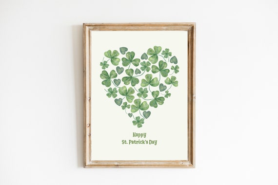Shamrock Heart Watercolor Clover Print, Irish Decor