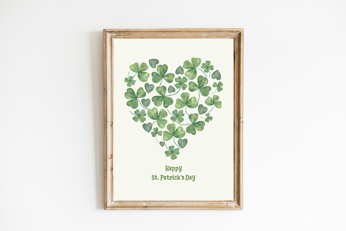 Shamrock Heart Watercolor Clover Print, Irish Decor