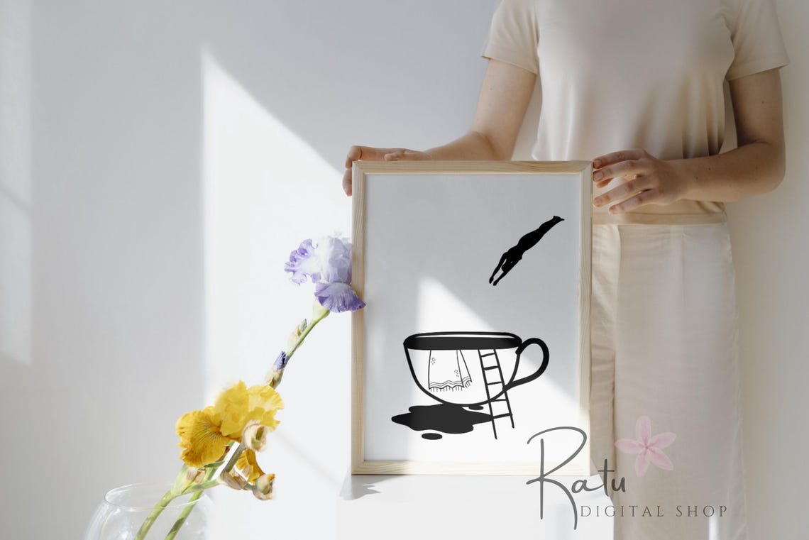 Diver Into Tea Cup Surreal Black Line Art Poster Quirky Tea Decor - Image 3