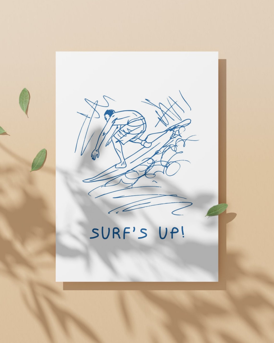 Surf's Up Blue Line Sketch Surfer Wave Minimalist Beach Art Print - Image 2