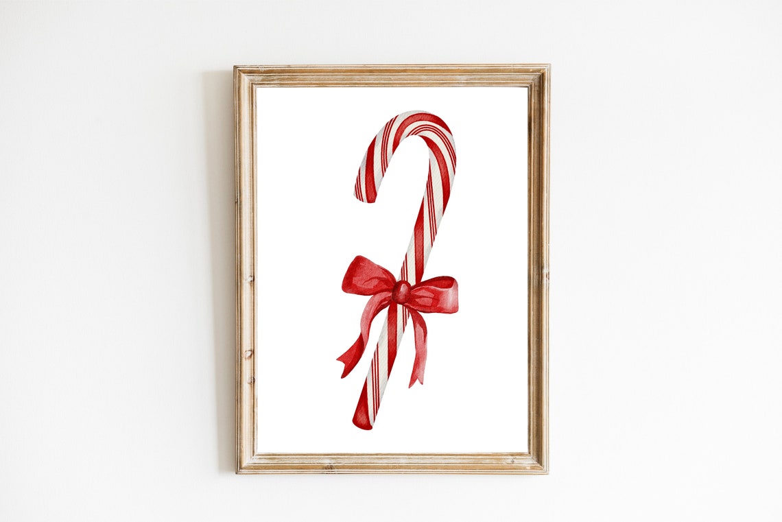 Candy Cane with Red Bow Watercolor Christmas Holiday Decor Poster - Image 3