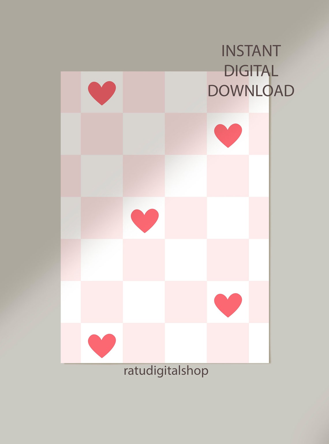 Pink Checkered Hearts Pattern Minimalist Poster Cute Girly Room Decor - Image 3