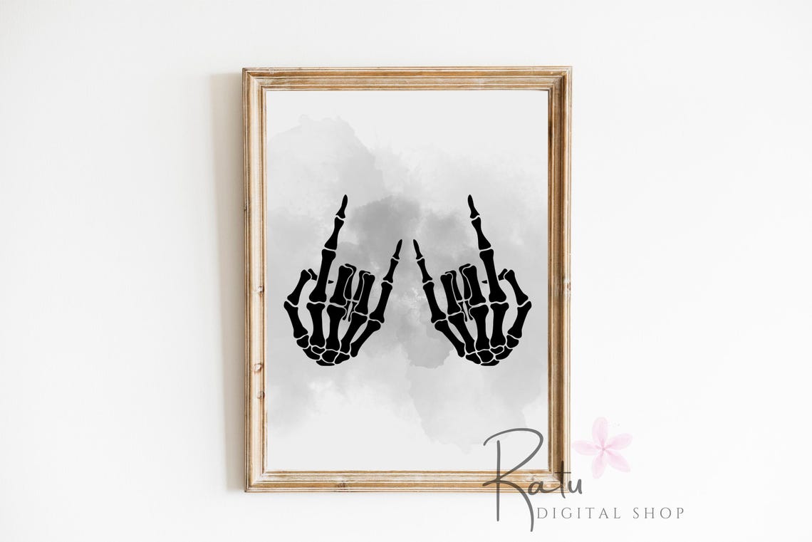 Skeleton Rock Hands Horns Sign Watercolor Halloween Spooky Poster - Image 3