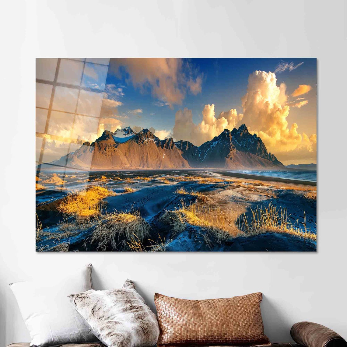 Golden Sunset Over Dramatic Jagged Mountain Peaks Landscape Poster - Image 2