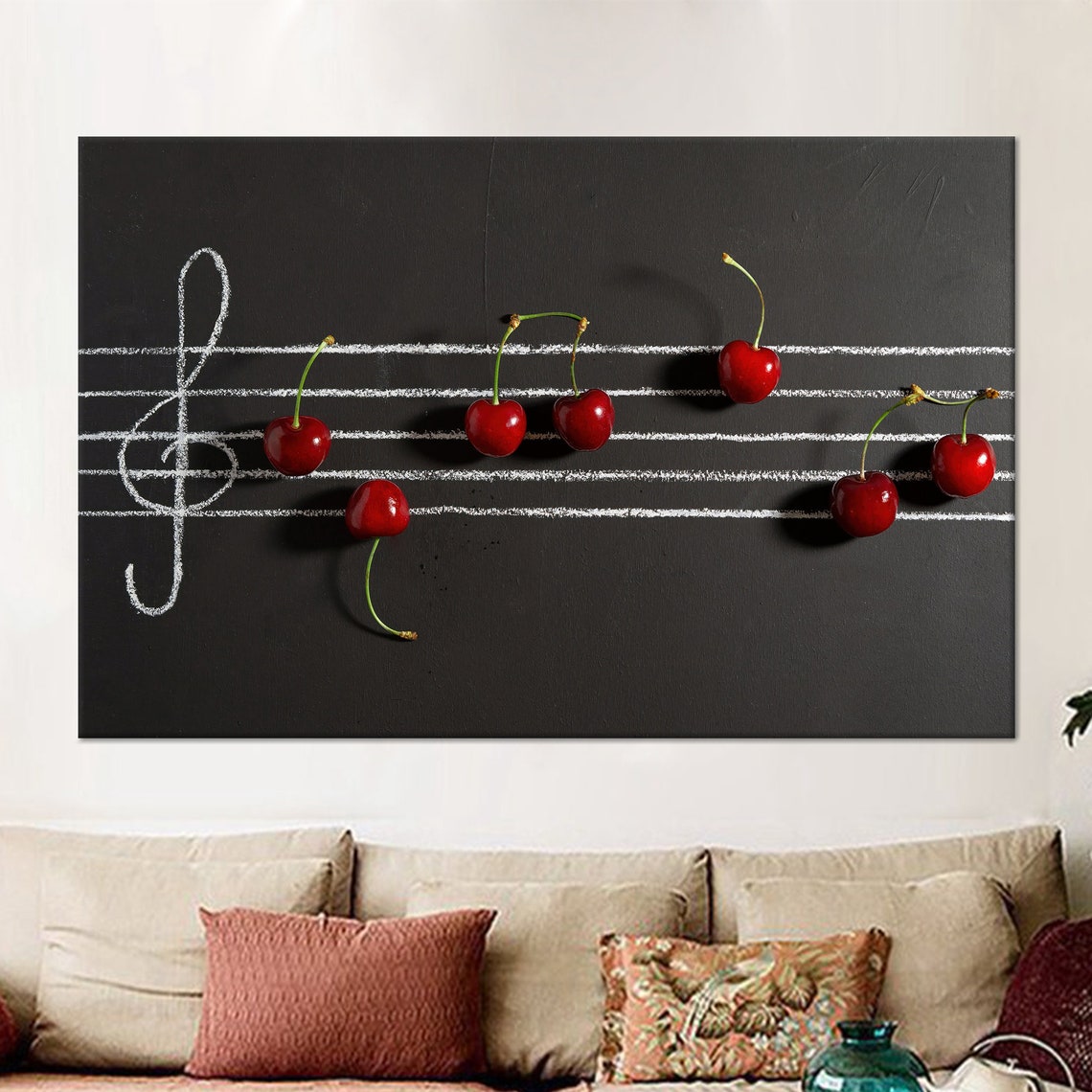 Cherries as Musical Notes Chalkboard Creative Kitchen Music Poster