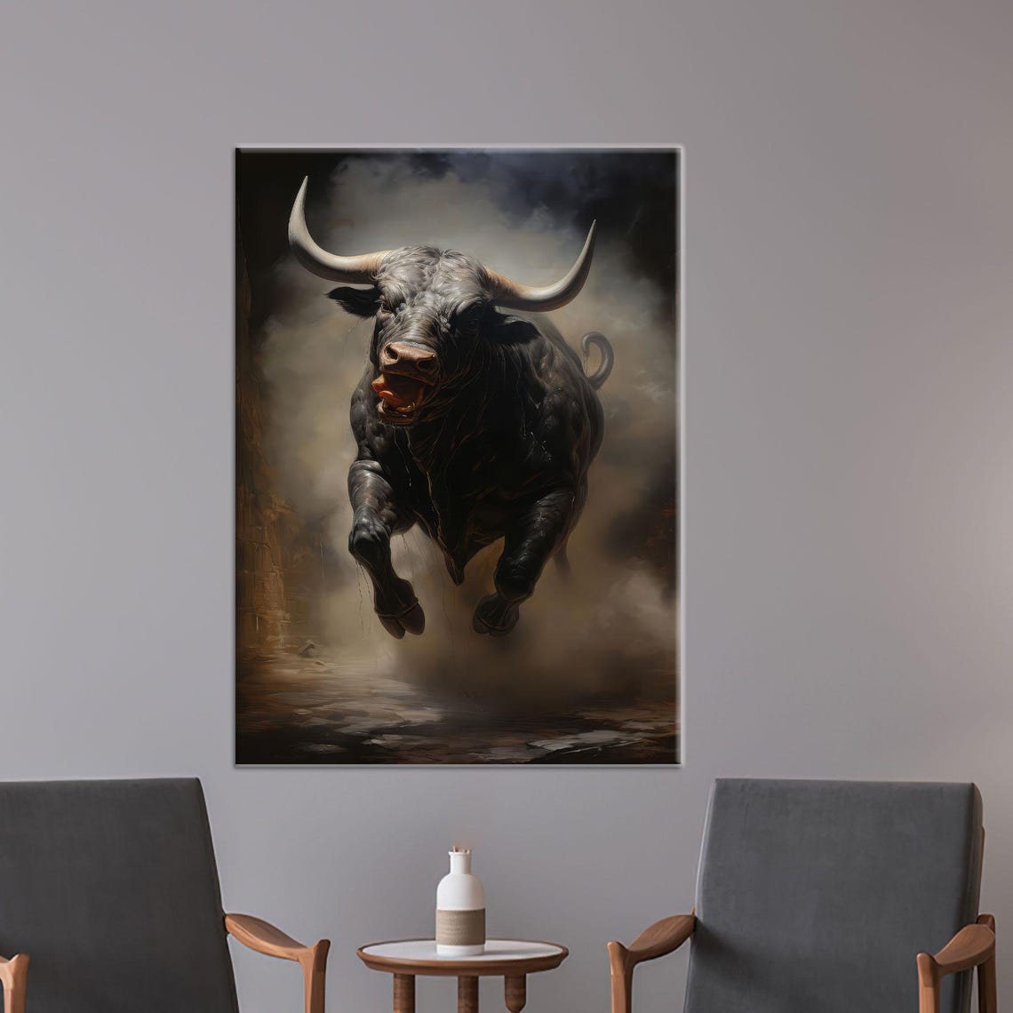 Charging Black Bull Kicking Up Dust Dramatic Animal Art Poster