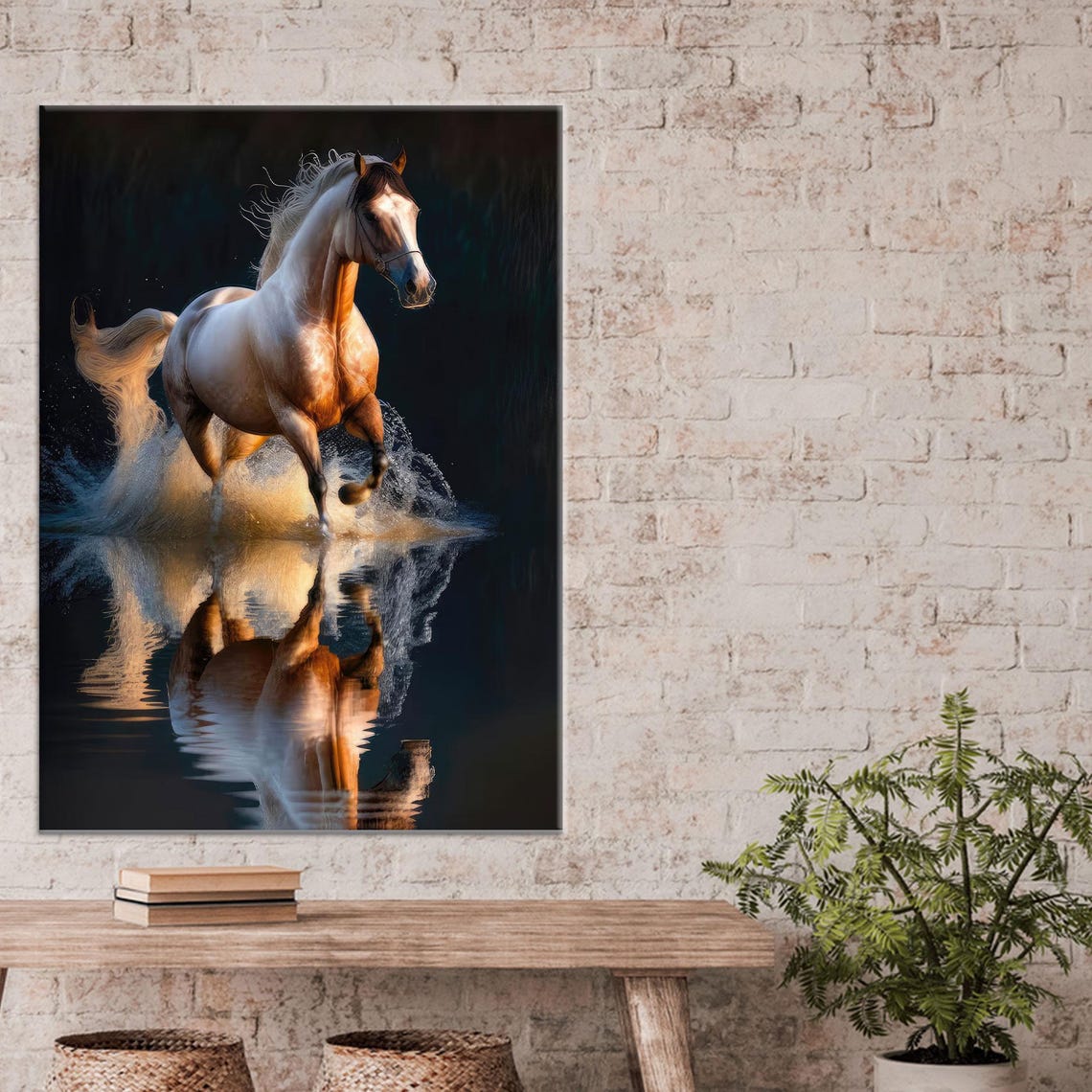 White Horse Galloping Through Dark Water Reflection Art Poster