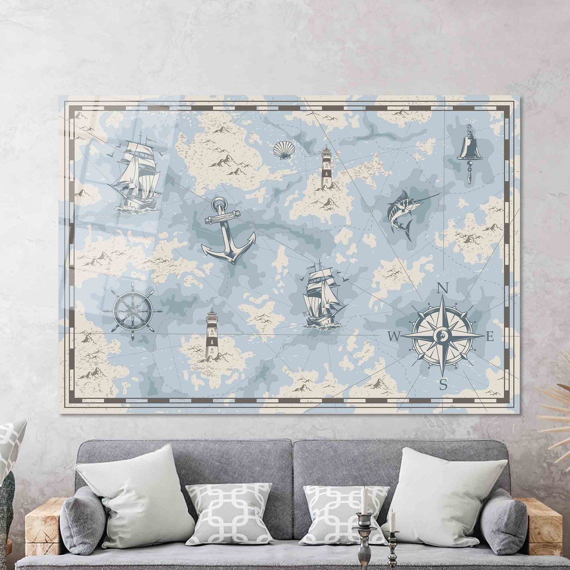 Vintage Nautical Sea Map with Anchor and Compass Detail Poster - Image 2