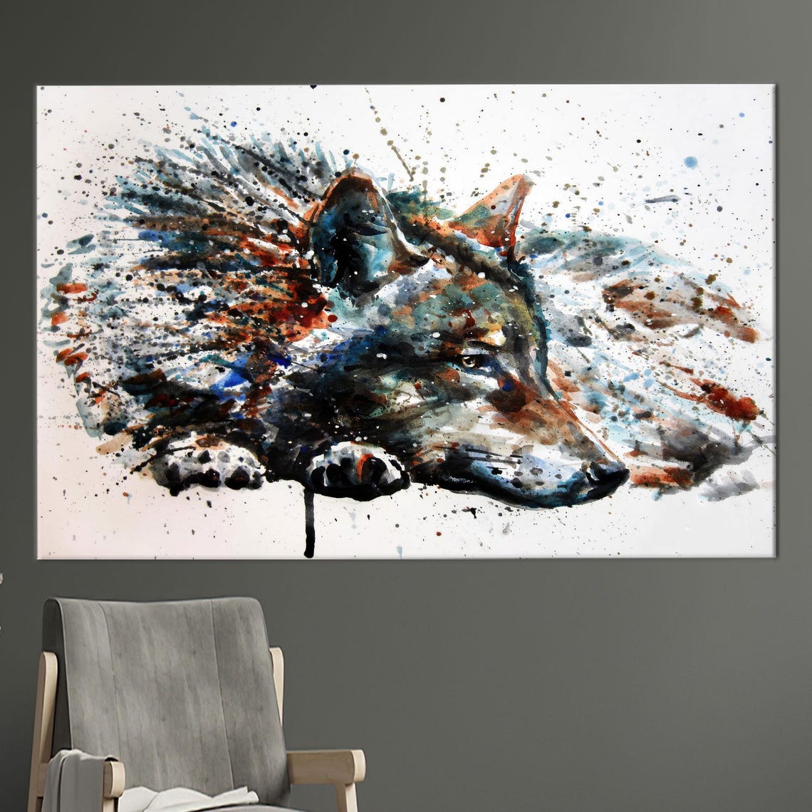 Resting Wolf Dissolving Into Watercolor Splash Art Wildlife Poster