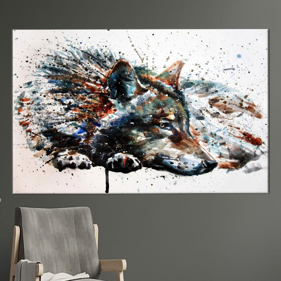 Resting Wolf Dissolving Into Watercolor Splash Art Wildlife Poster