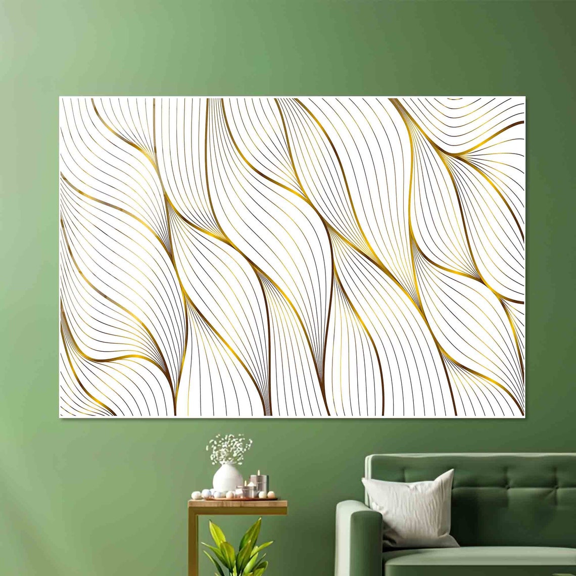 Gold Wavy Lines Abstract Minimalist White Modern Art Wall Poster - Image 2