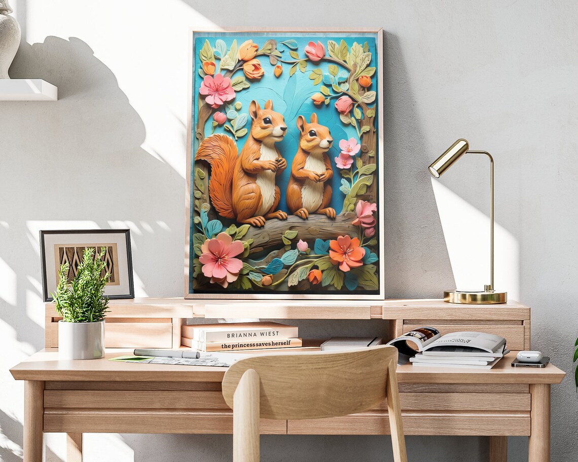 Easter Squirrels Folk Art, Rustic Spring Painting - Image 4