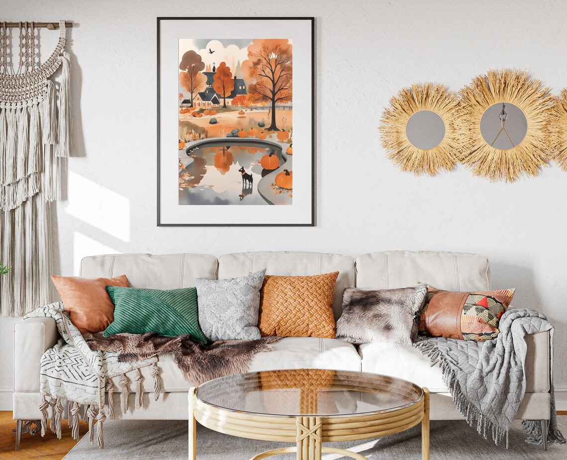 Small Black Dog At Pond Edge Reflection Pumpkins Autumn Village Art Poster - Image 2
