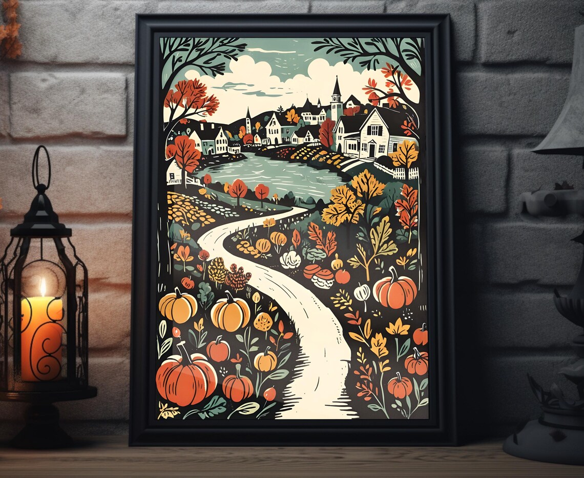 Autumn Countryside Road To Village Pumpkins Harvest Foliage Folk Art Poster