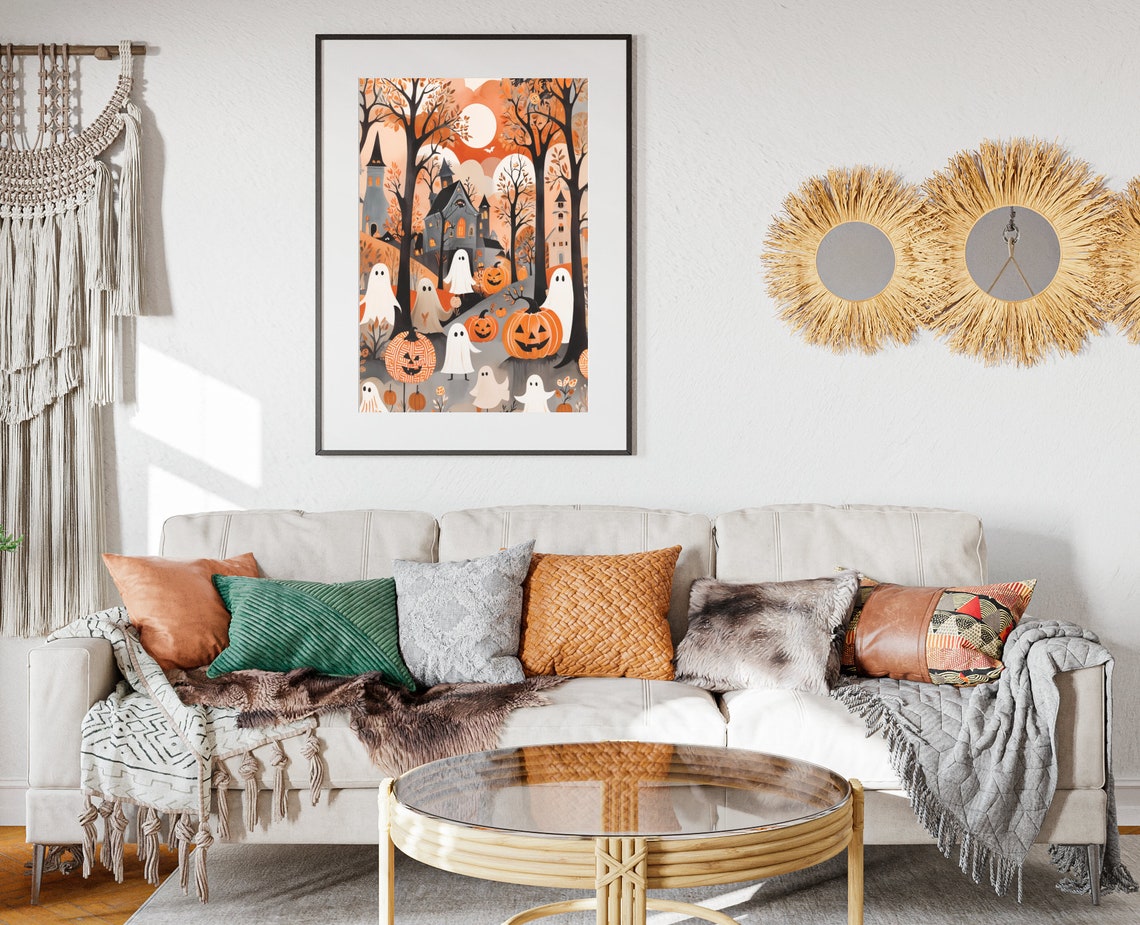 Halloween Ghosts Pumpkin Forest Haunted House Orange Moon Poster - Image 2