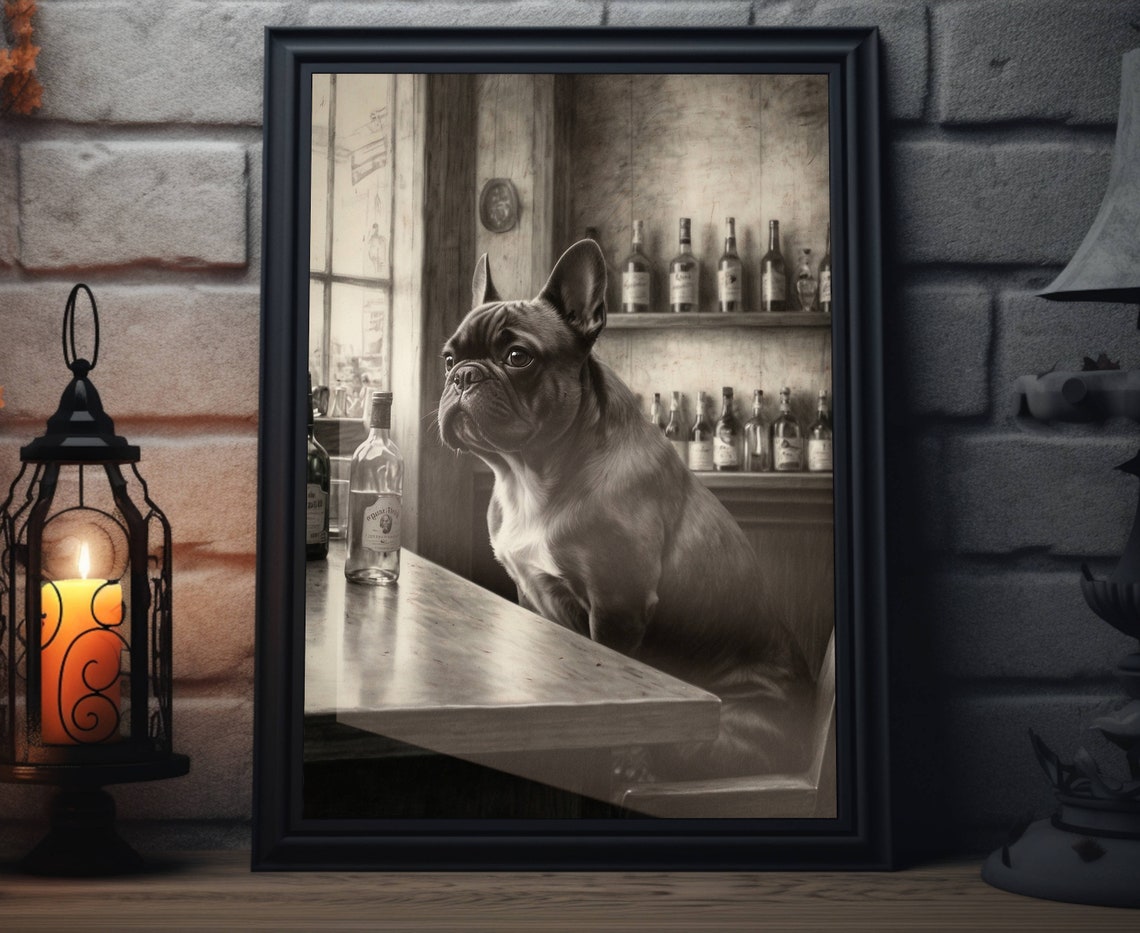 French Bulldog Side Profile Sitting At Bar Black White Poster