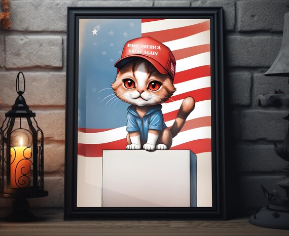 MAGA Kitten Caricature Red Cap Blue Jacket American Flag Cute Poster