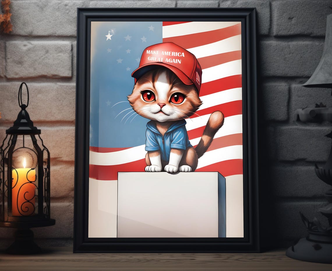 MAGA Kitten Caricature Red Cap Blue Jacket American Flag Cute Poster
