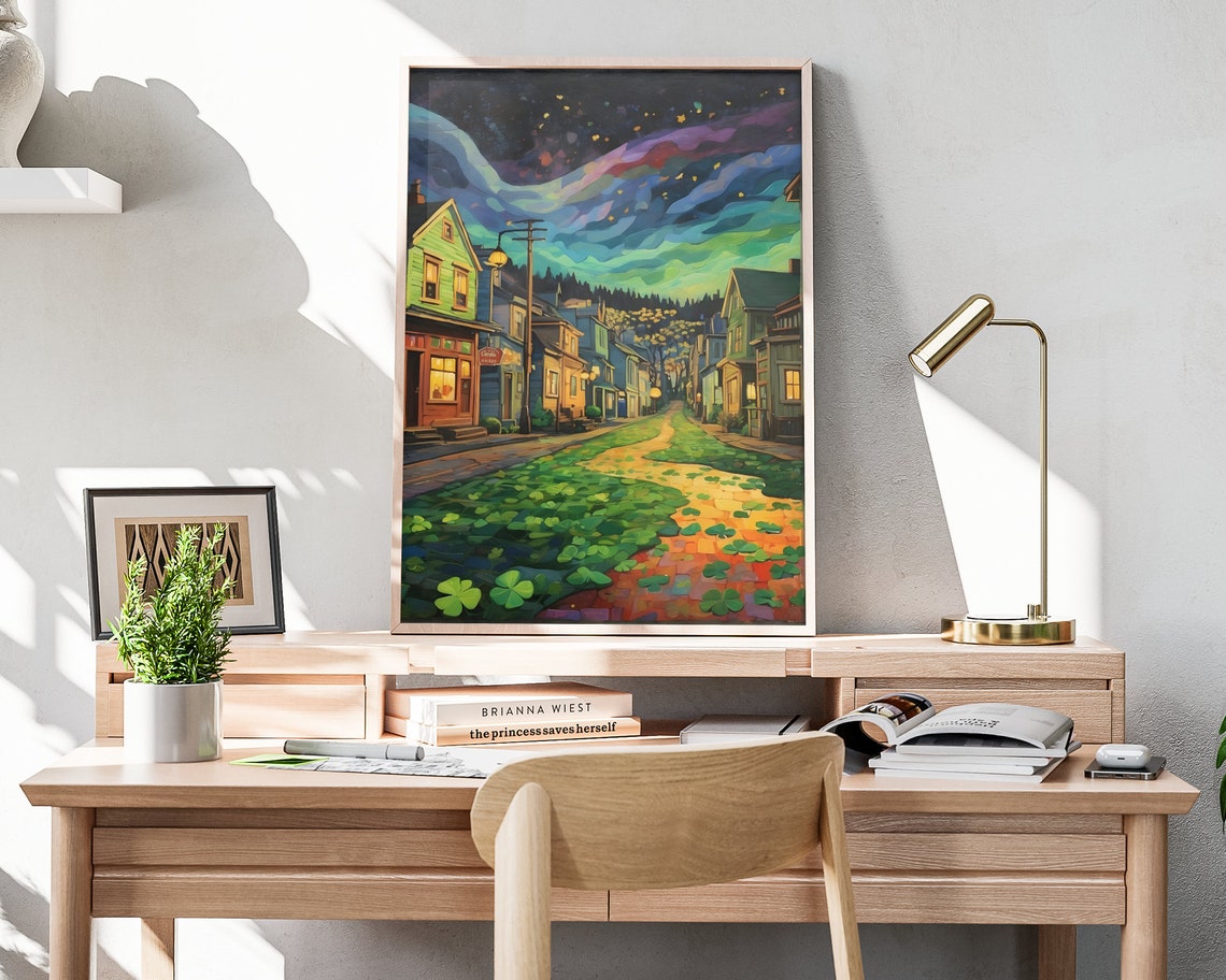 St Patricks Day Irish Village Street Shamrocks Rainbow Sky Poster - Image 4