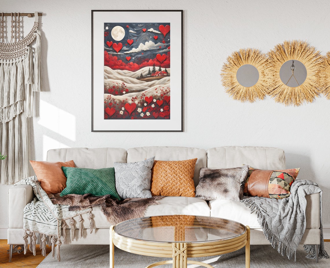 Valentines Snowy Hills Floating Hearts Moon Cabin Folk Art Poster - Image 2