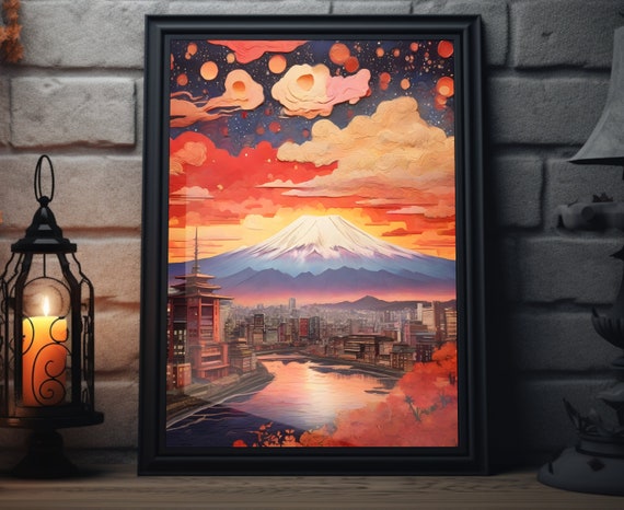 Japan Starry Sunset Matte Wall Art Japanese City Artwork Mount Fuji Print Tokyo Painting Japanese Decor Japan Folk Art Poster