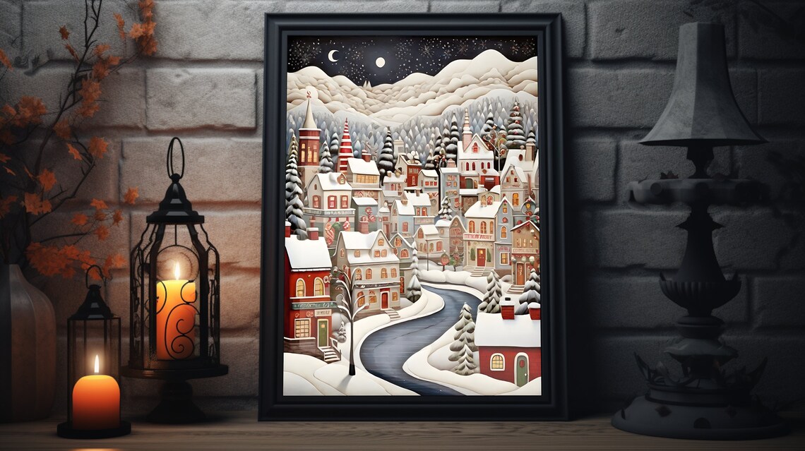 Folk Art Christmas Town Night Snowy Village River Moon Holiday Poster