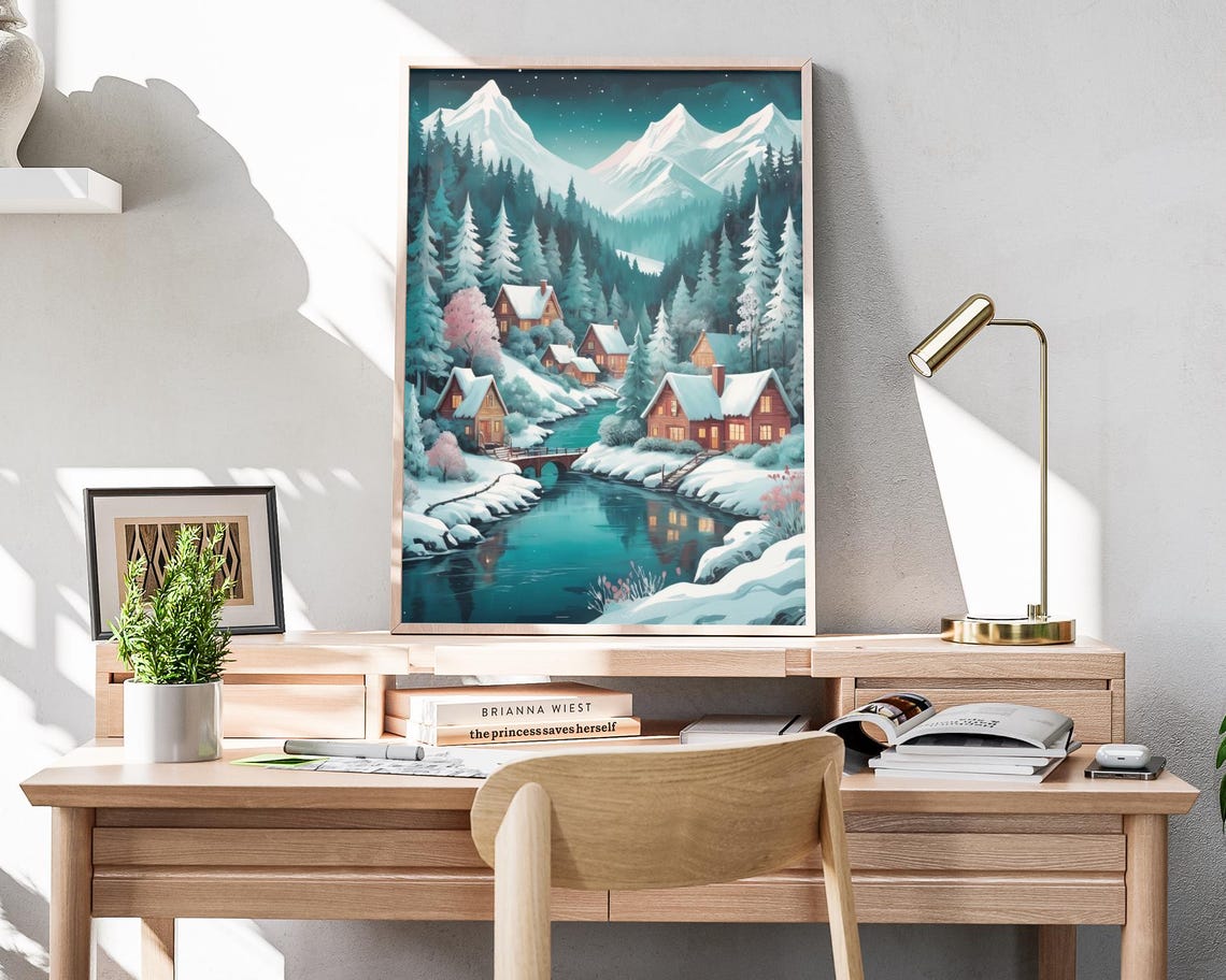 Starry Night Mountain Village With Cabins And River Reflection Poster - Image 4