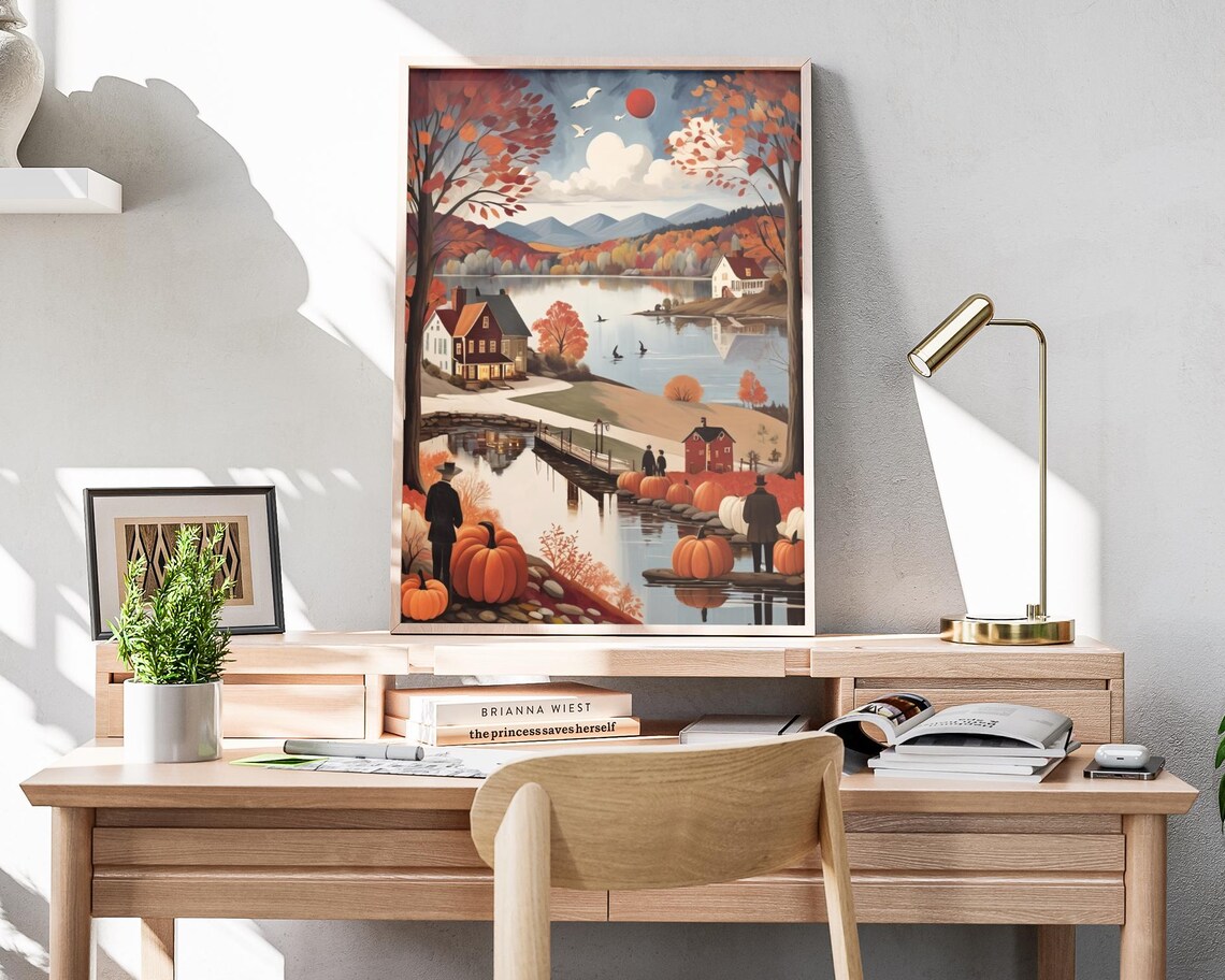 Autumn Lake Red Sun Mountains Geese Houses Pumpkins Dock Scene Poster - Image 4