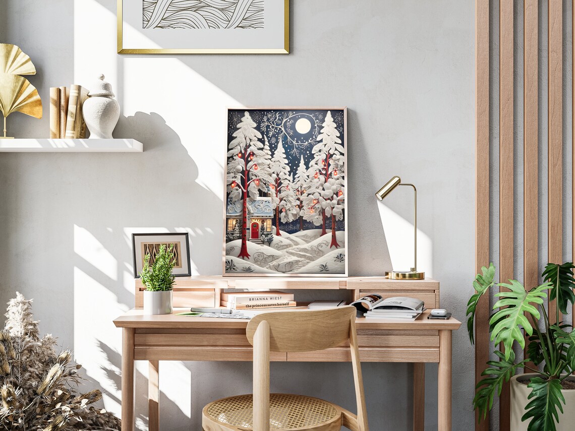 Snowy Winter Forest Papercut Red Door House Christmas Art Poster - Image 4