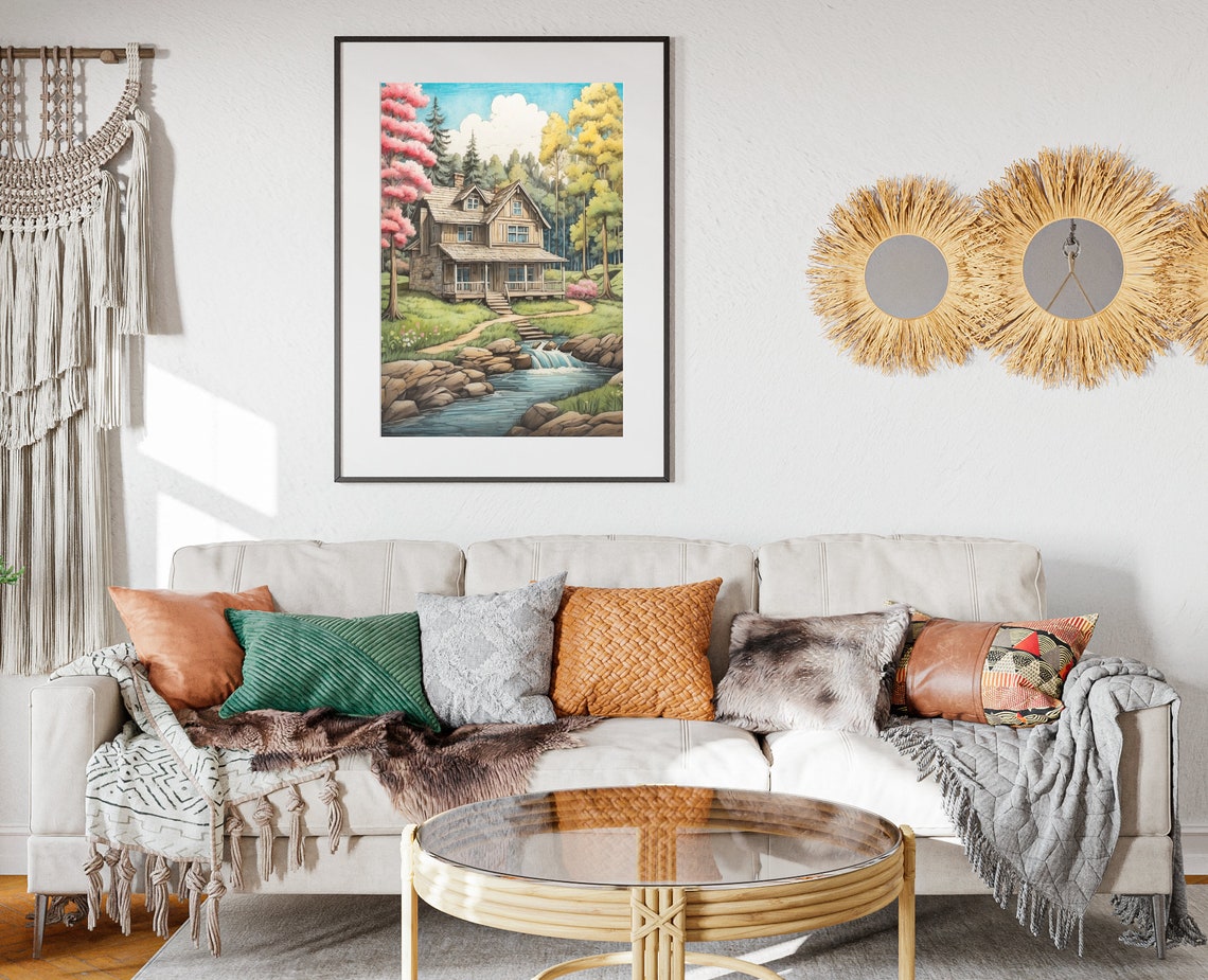 Spring Home Sketched Cabin Stream Waterfall Blossom Trees Poster - Image 2