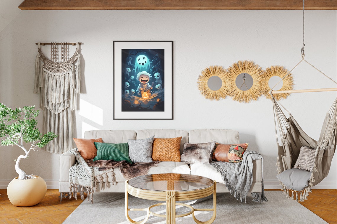 Laughing Little Ghost With Pumpkin Skulls Halloween Night Poster - Image 2