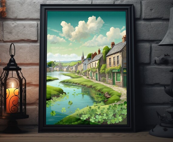 Ireland Riverside Quay Village Church Spire Shamrock Folk Art Poster