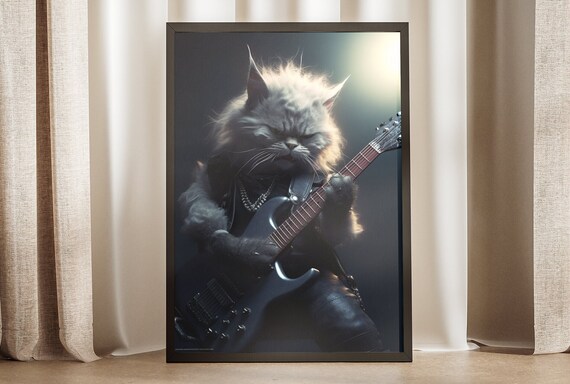 Rock Star Cat Electric Guitar Stage Spotlight Funny Musician Art Poster