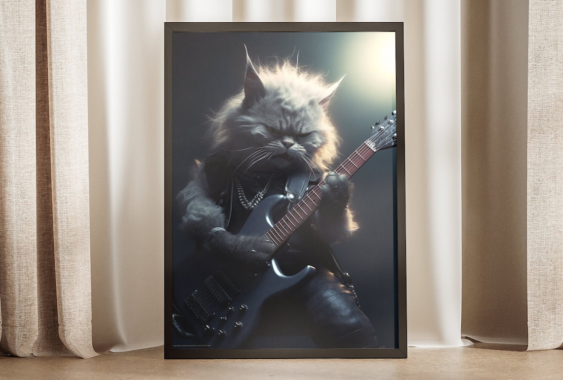 Rock Star Cat Electric Guitar Stage Spotlight Funny Musician Art Poster