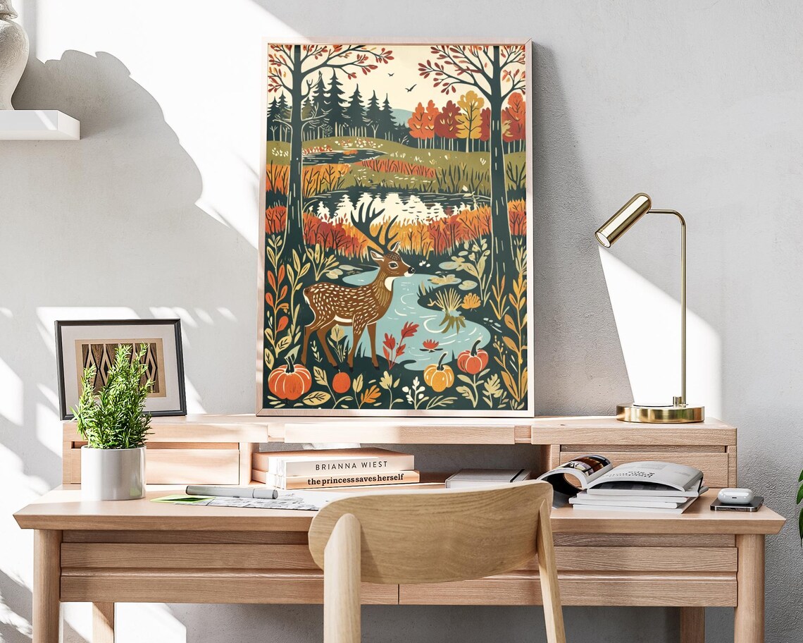 Fall Deer Woodcut Art Print, Autumn Pumpkin Forest - Image 4