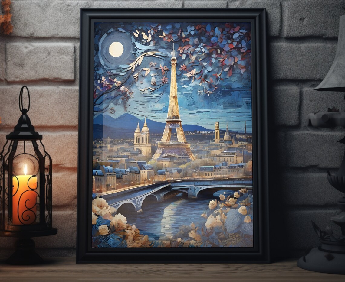 Paris Eiffel Tower Moonlit Night Blue Sky Blossoms Seine Bridge Art Poster